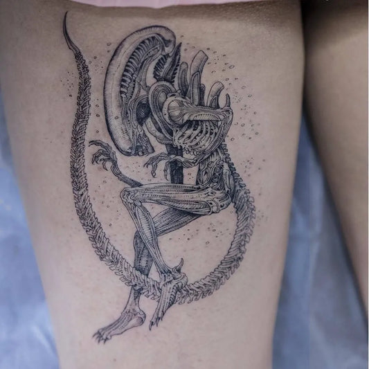 Big Black and Grey Alien Tattoo on Women Thigh by @gamer.ink