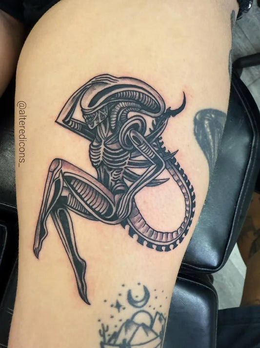 Big Black and Grey Alien Tattoo on Women Thigh by @tattoosforever850
