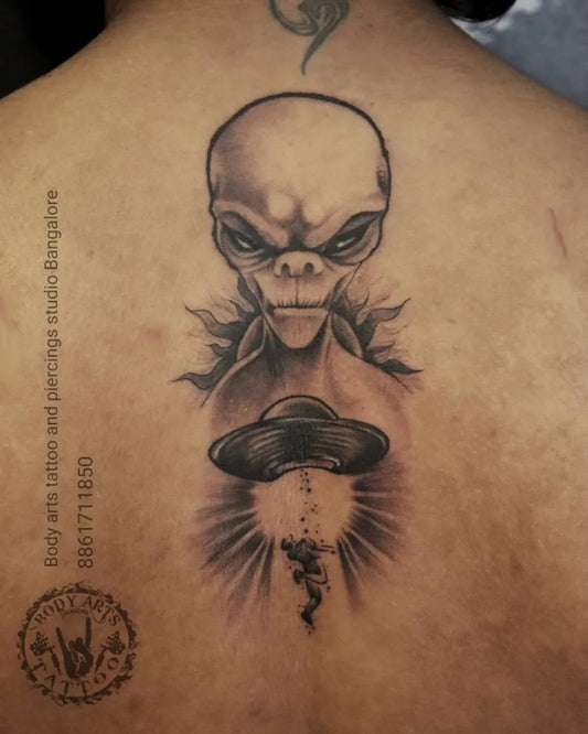 Big Black and Grey Alien UFO Tattoo on Men Back by @bodyarts_blr