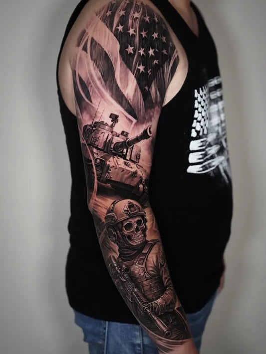 Big Black and Grey American Flag Soldier Skull Military Tattoo on Men Arm by @edergaldinotattoo