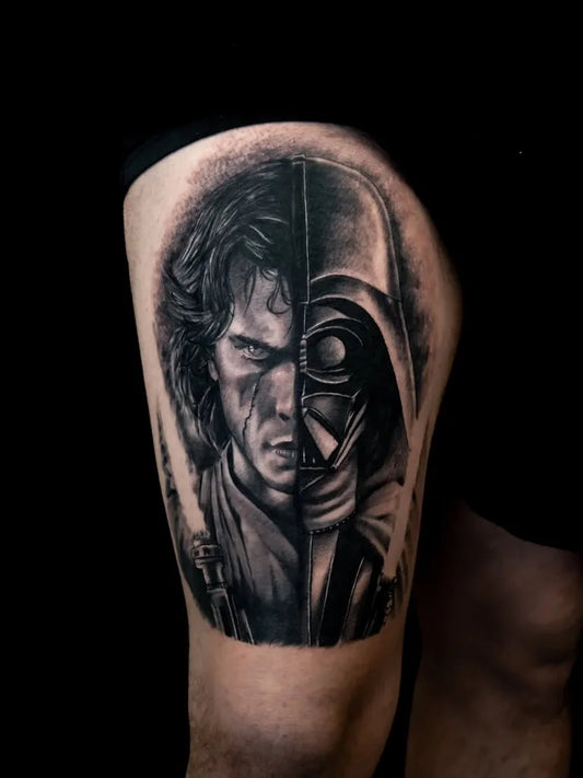 Big Black and Grey Anakin to Vader Star Wars Tattoo on Men Thigh by @gravekeeper_sic