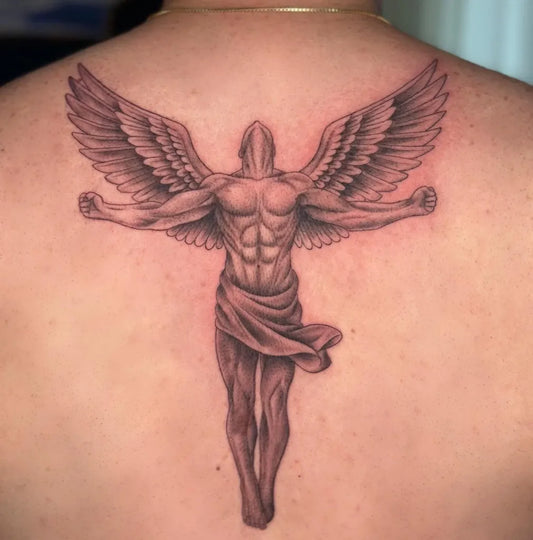 Big Black and Grey Angel Figure on Men Back Tattoo by @butterfly_._tattoo