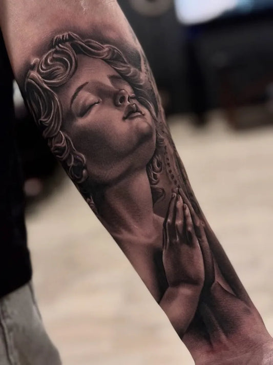 Big Black and Grey Angel Praying Woman on Arm Tattoo by @bbooxs