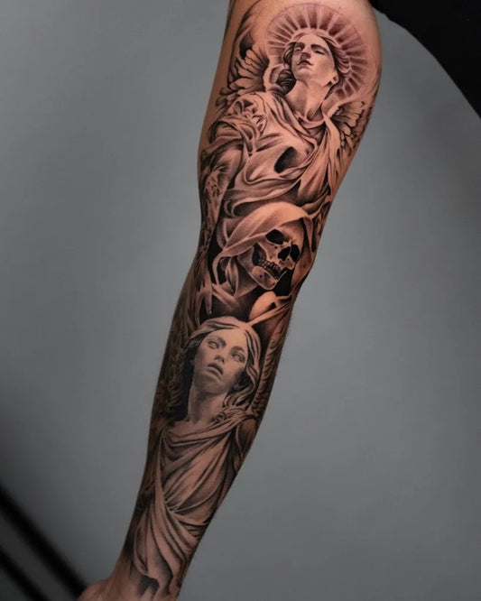 Big Black and Grey Angel Skull Sleeve Tattoo on Men Inner Arm by @thommietattoo