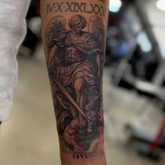 Big Black and Grey Angel Slaying Dragon on Men Arm Tattoo by @alexulloatattoo