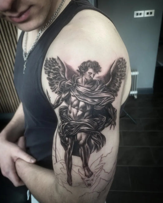 Big Black and Grey Angel Tattoo on Men Upper Arm by @squareandcompasstattoostudio