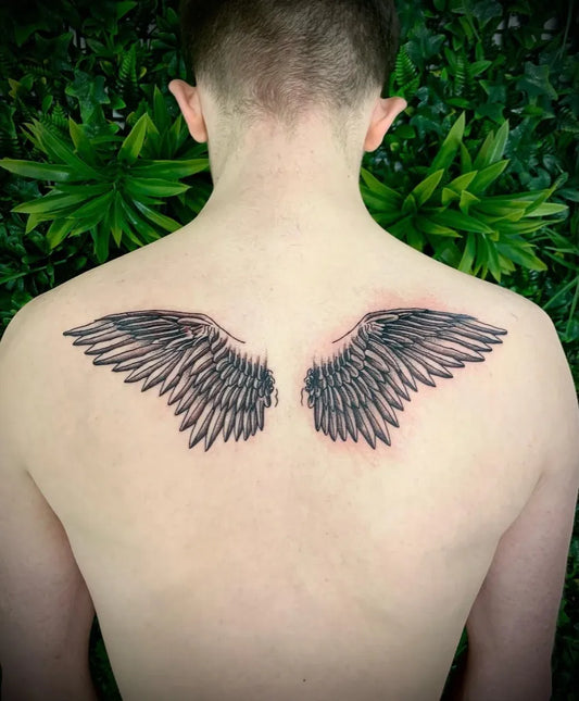 Big Black and Grey Angel Wings Tattoo on Men Back by @abbybarnestattoos