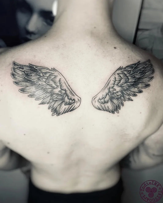 Big Black and Grey Angel Wings Tattoo on Men Back by @indieink.tattoo