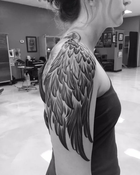 Big Black and Grey Angel Wings Tattoo on Women Back by @_richmartinez