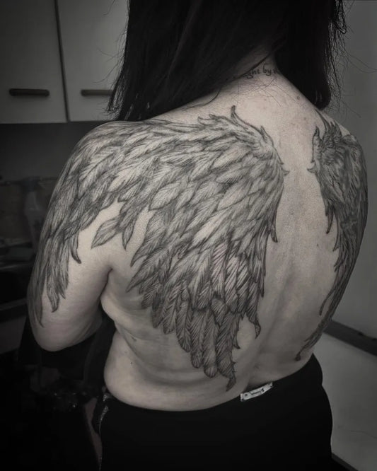 Big Black and Grey Angel Wings Tattoo on Women Back by @brionyvictoriatattoo