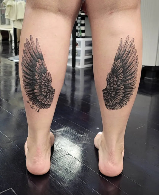 Big Black and Grey Angel Wings Tattoo on Women Calf by @trickylake