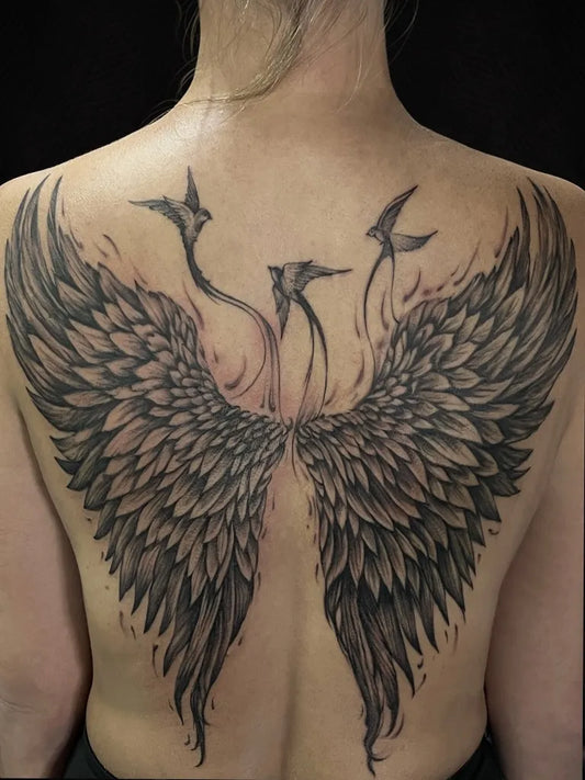 Big Black and Grey Angel Wings on Women Back Tattoo by @_nadi_tatts_