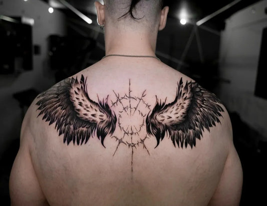 Big Black and Grey Angel Wings with Barbed Wire Tattoo on Men Back by @luky_anna.art