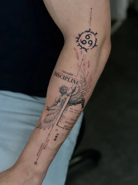 Big Black and Grey Angel Wings with Geometric Elements on Men Arm Tattoo by @pmtsketch