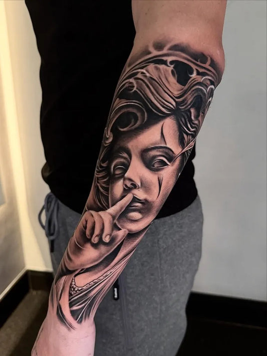 Big Black and Grey Angel Woman on Arm Tattoo by @nevolaink