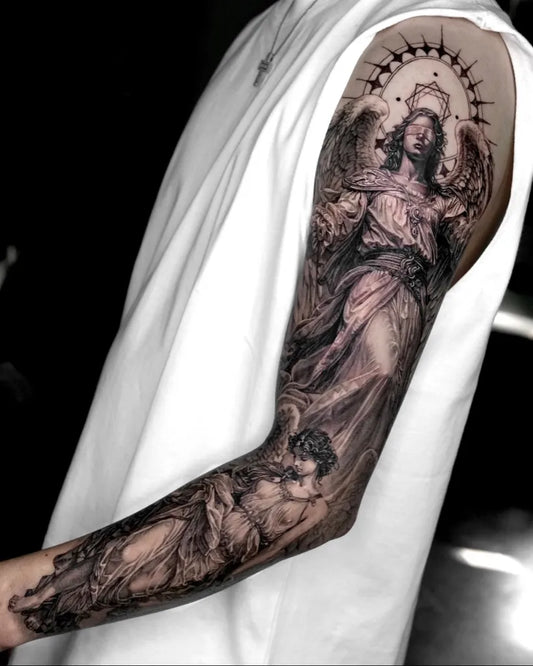 Big Black and Grey Angel and Cherubs on Men Arm Tattoo by @mabi_tattooer