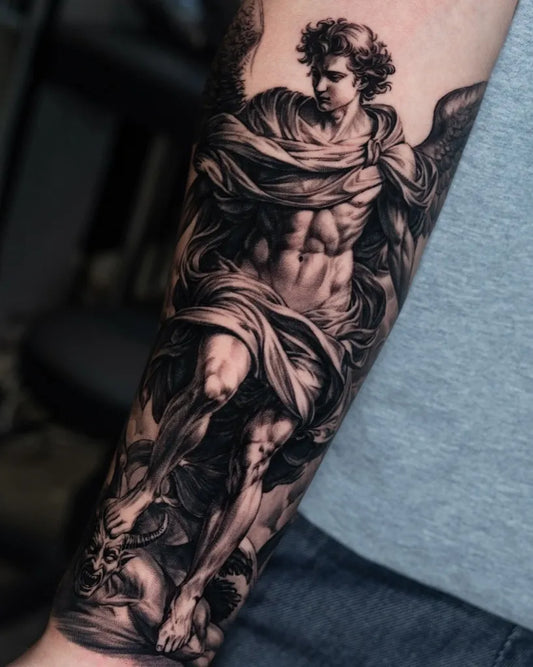Big Black and Grey Angel and Demon on Men Arm Tattoo by @saegil.tattoo