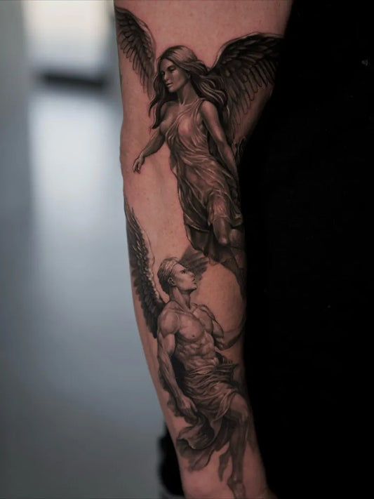 Big Black and Grey Angel and Winged Man on Men Arm Tattoo by @luciferinktattoos