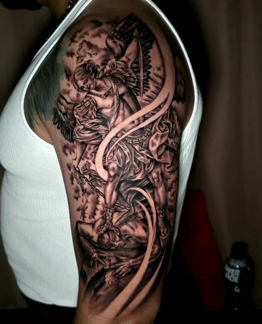 Big Black and Grey Angel with Chains on Men Arm Tattoo by @ludwika.tefnut.tattoo