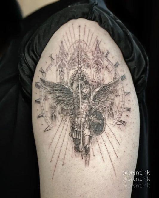 Big Black and Grey Angel with Clock on Men Arm Tattoo by @brynt.ink