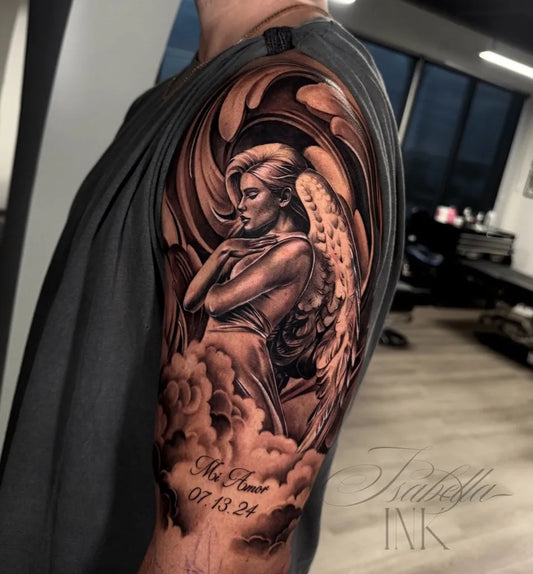 Big Black and Grey Angel with Clouds on Men Arm Tattoo by @bellamafiatattoos