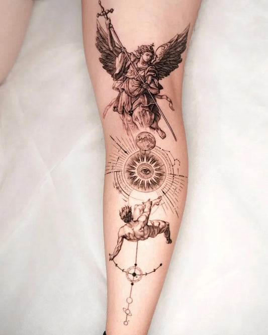 Big Black and Grey Angel with Compass Spiritual Tattoo on Women Thigh by @the.xx.ttt