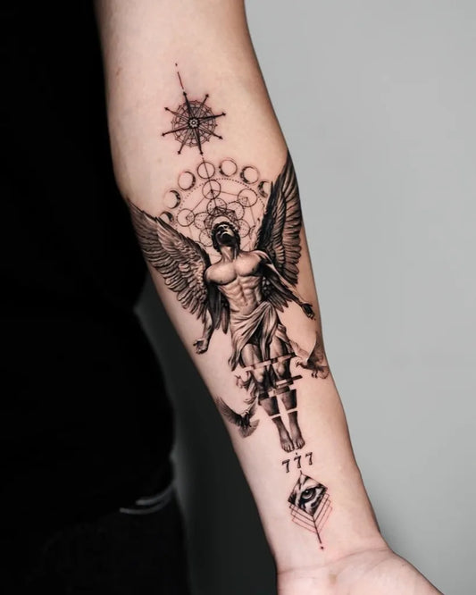 Big Black and Grey Angel with Compass and Moon on Men Arm Tattoo by @gody_tattoo