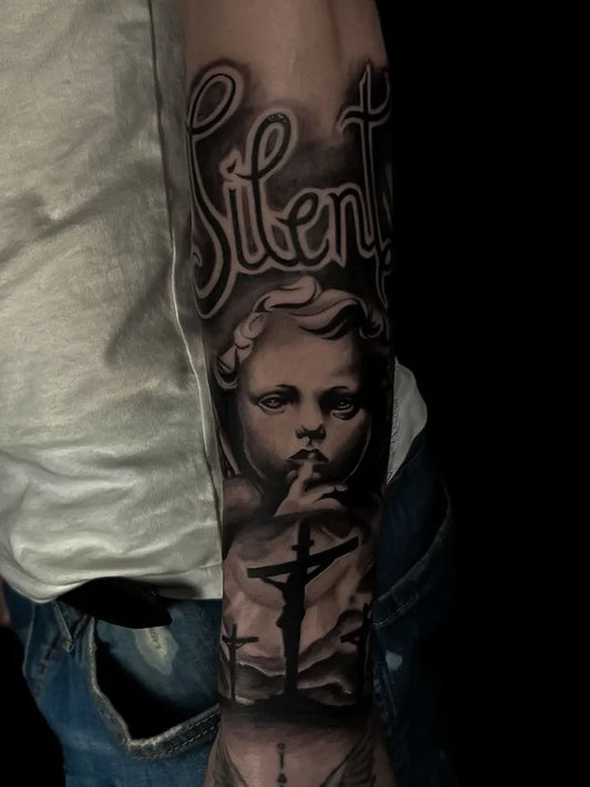 Big Black and Grey Angel with Cross on Men Arm Tattoo by @erolcreate