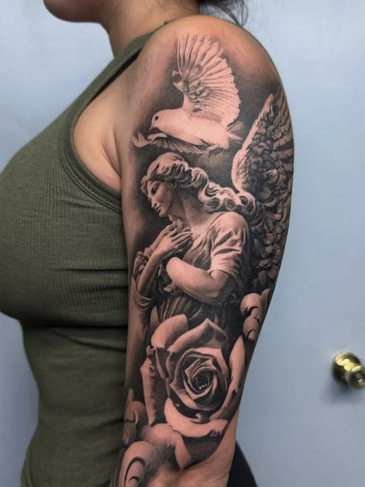 Big Black and Grey Angel with Dove and Rose Tattoo on Women Shoulder by @reyr1tattoo