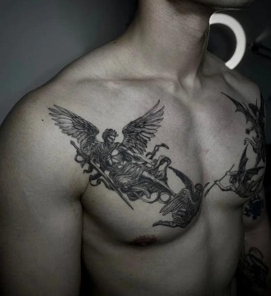 Big Black and Grey Angel with Dragons on Men Chest Tattoo by @lilin.tattoo