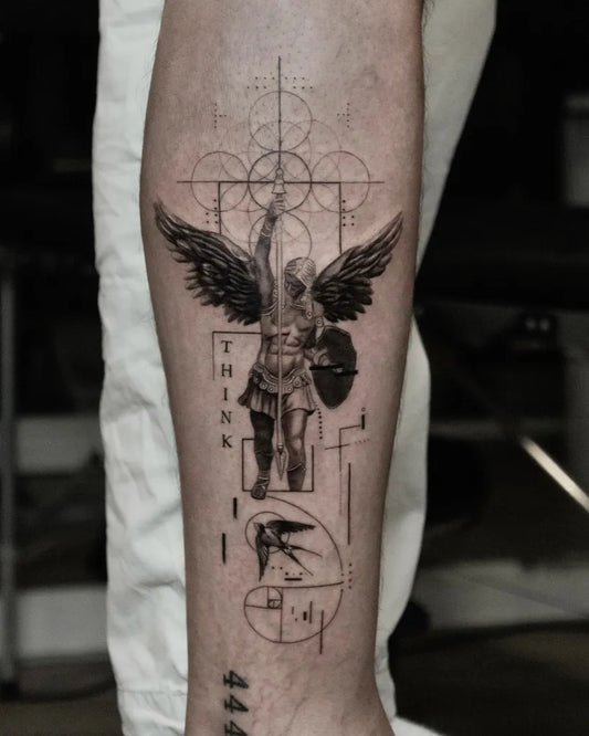 Big Black and Grey Angel with Geometric Elements on Men Arm Tattoo by @didemrs