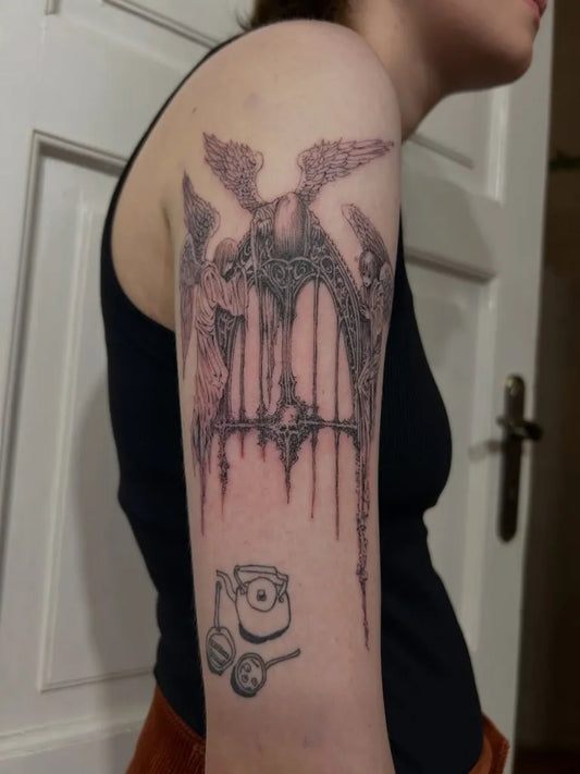 Big Black and Grey Angel with Gothic Arch and Camera on Women Arm Tattoo by @6oogie6rotesque