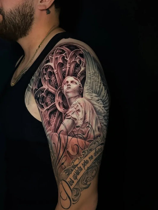 Big Black and Grey Angel with Gothic Arch on Men Arm Tattoo by @ikonikinktattoo