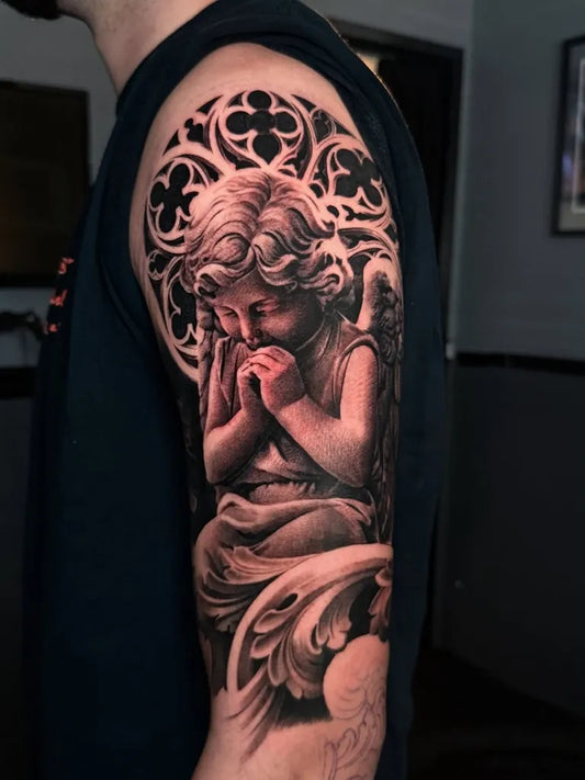 Big Black and Grey Angel with Gothic Window on Men Shoulder Tattoo by @reyr1tattoo