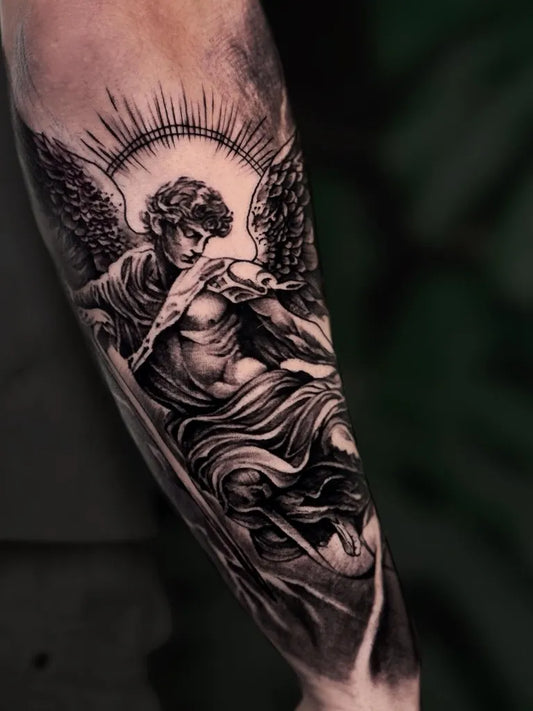Big Black and Grey Angel with Halo and Wings on Men Arm Tattoo by @olcur_tattoo
