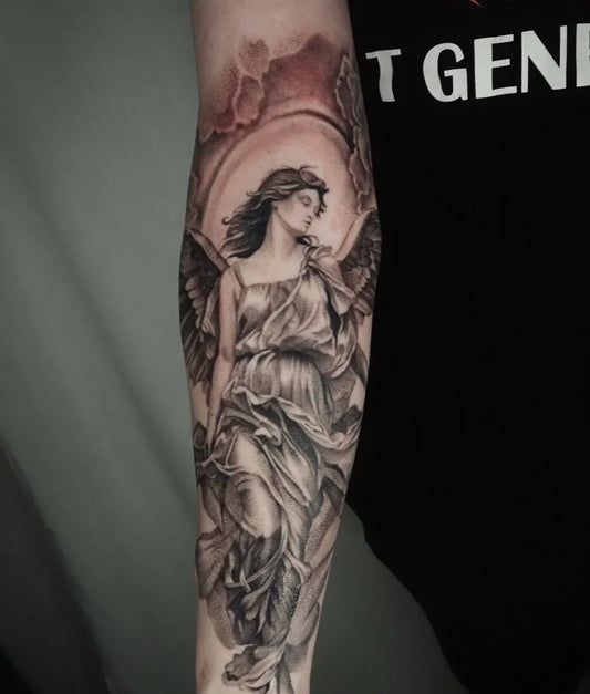 Big Black and Grey Angel with Halo and Wings on Women Arm Tattoo by @caitlintatts