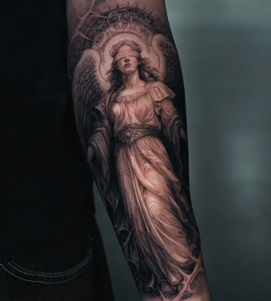 Big Black and Grey Angel with Halo on Men Arm Tattoo by @sumok_tattoo