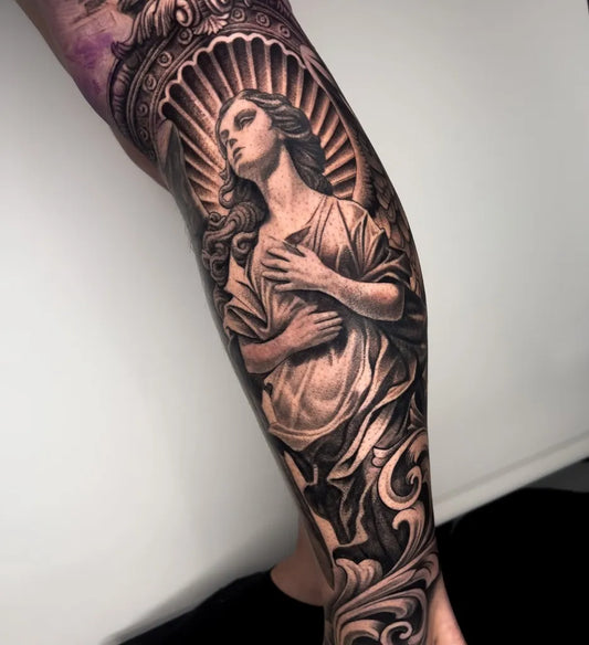 Big Black and Grey Angel with Ornamental Halo on Women Leg Tattoo by @hitaua_ink