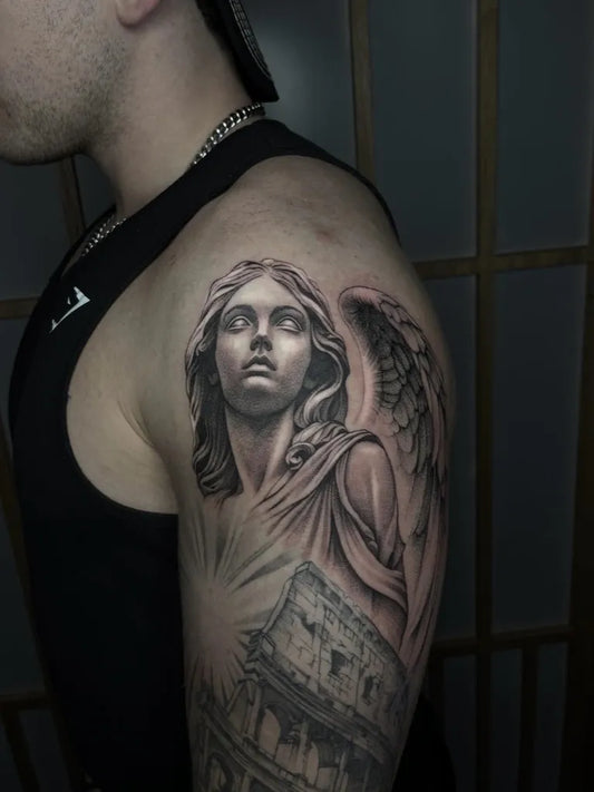 Big Black and Grey Angel with Ruins on Men Shoulder Tattoo by @issitattoos