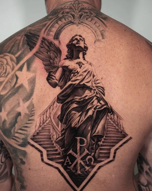 Big Black and Grey Angel with Stairs and Chi Rho on Men Back Tattoo by @yongho_bng