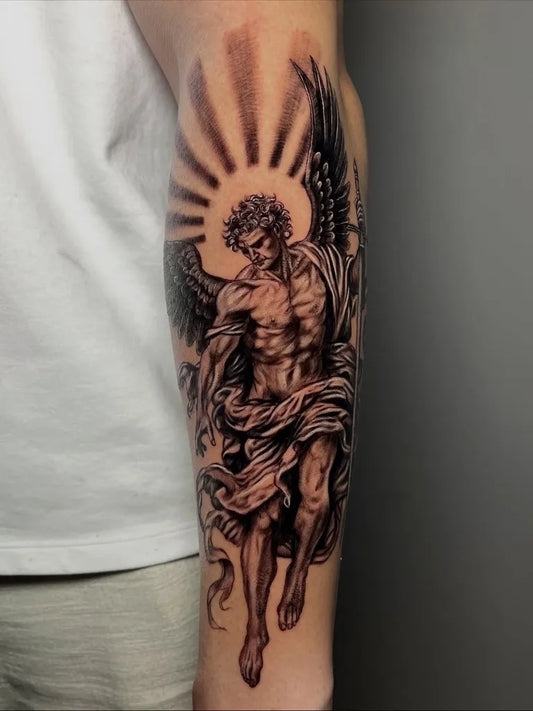 Big Black and Grey Angel with Sun and Wings on Men Arm Tattoo by @tattooerfirat