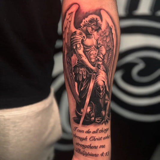 Big Black and Grey Angel with Sword and Bible Verse on Men Arm Tattoo by @skxlly