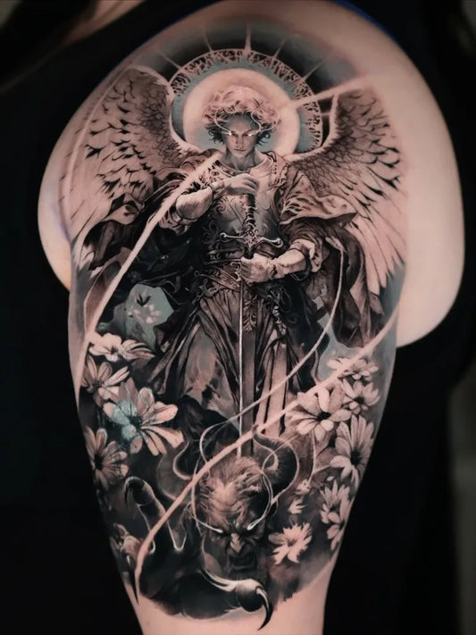 Big Black and Grey Angel with Sword and Flowers Tattoo on Women Shoulder by @tattooist_reset