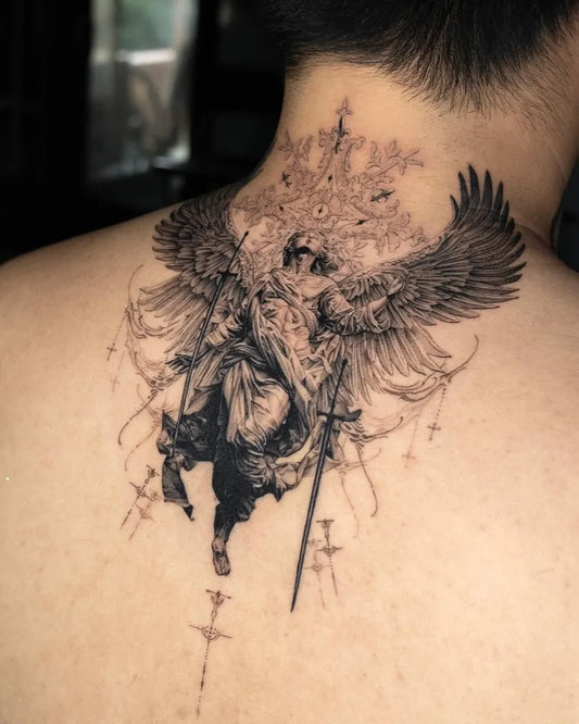 Big Black and Grey Angel with Sword and Wings on Men Back Tattoo by @bk.inkstudio