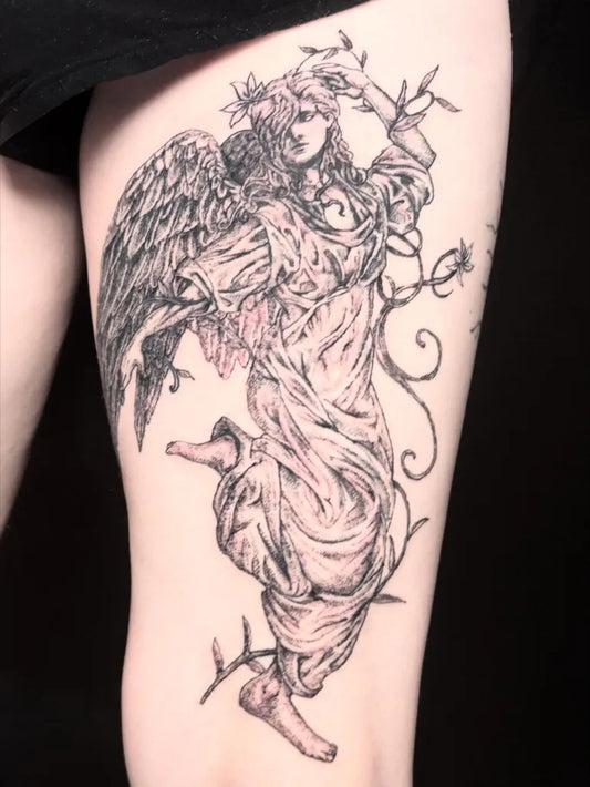 Big Black and Grey Angel with Vines on Women Thigh Tattoo by @protein_grub