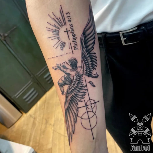 Big Black and Grey Angel with Wings and Cross on Men Arm Tattoo by @lextremiste_arnhem