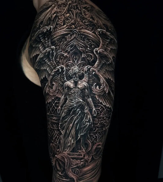 Big Black and Grey Angel with Wings and Ornaments Tattoo on Men Shoulder by @blackinker_suwon