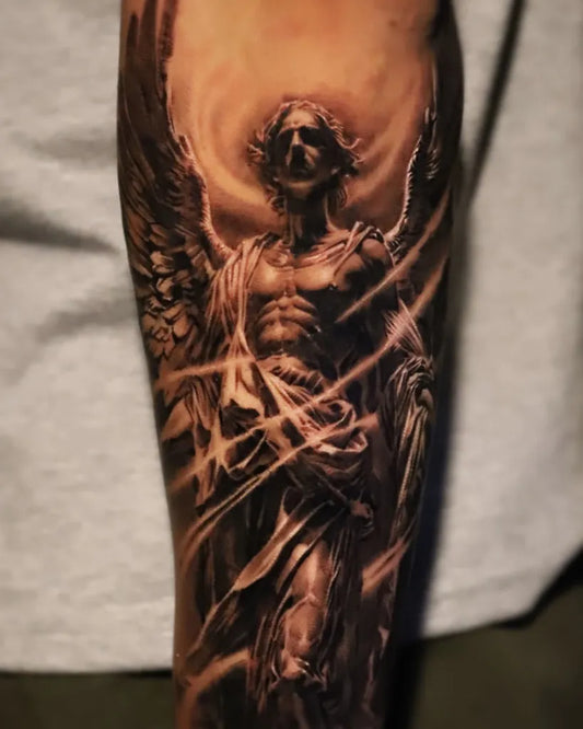Big Black and Grey Angel with Wings on Men Arm Tattoo by @inkflow_ykh