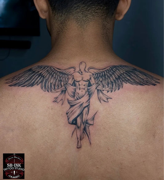 Big Black and Grey Angel with Wings on Men Back Tattoo by @sb__ink