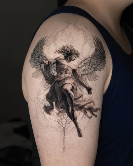 Big Black and Grey Angel with Wings on Men Shoulder Tattoo by @syntattooer